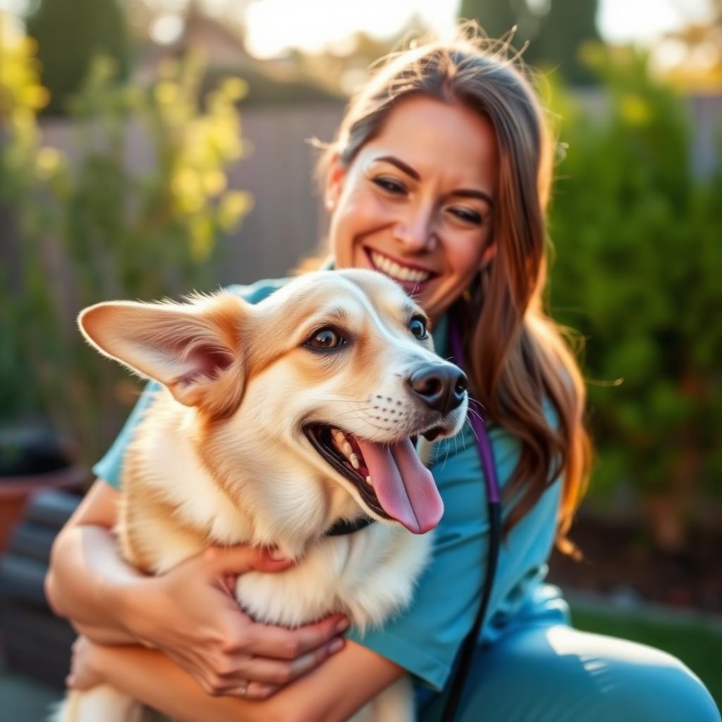 Cuidadora abraçando um cão no jardim